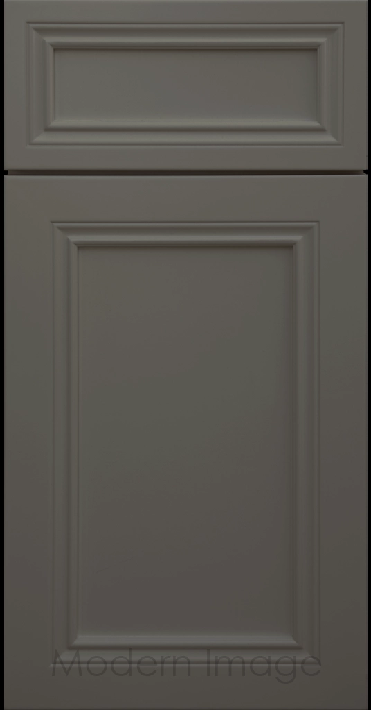 Close-up of Corona cabinets in Urbane Bronze with mitered molding and flat center panel.
